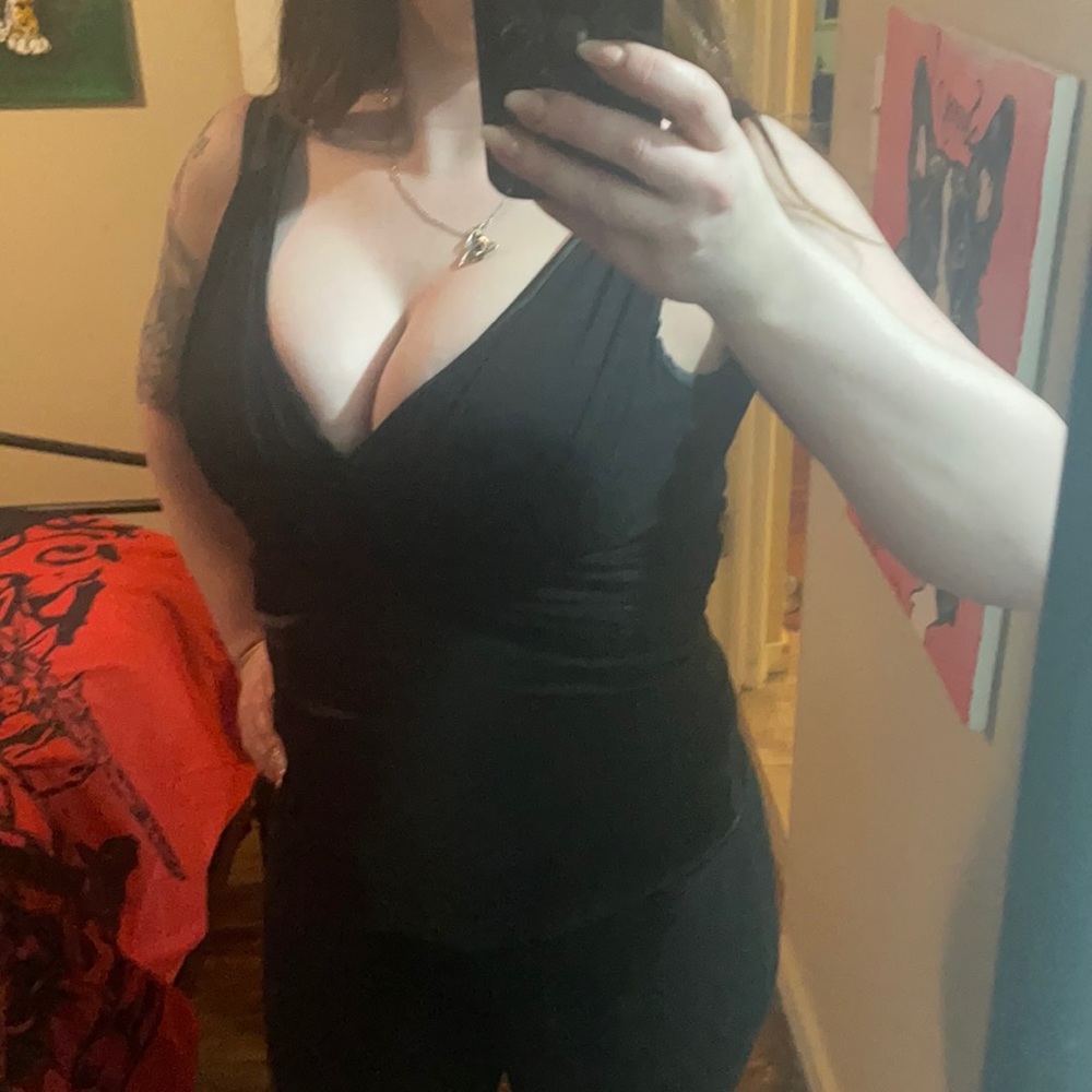 Suzy Shier black satin deep v top